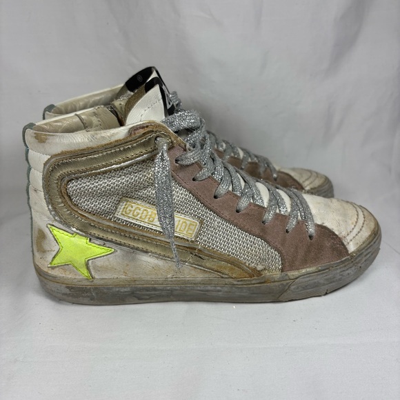 Golden Goose Slide Sneakers Size 38 Silver Glitter Laces Neon Green Pink Suede - Picture 1 of 12